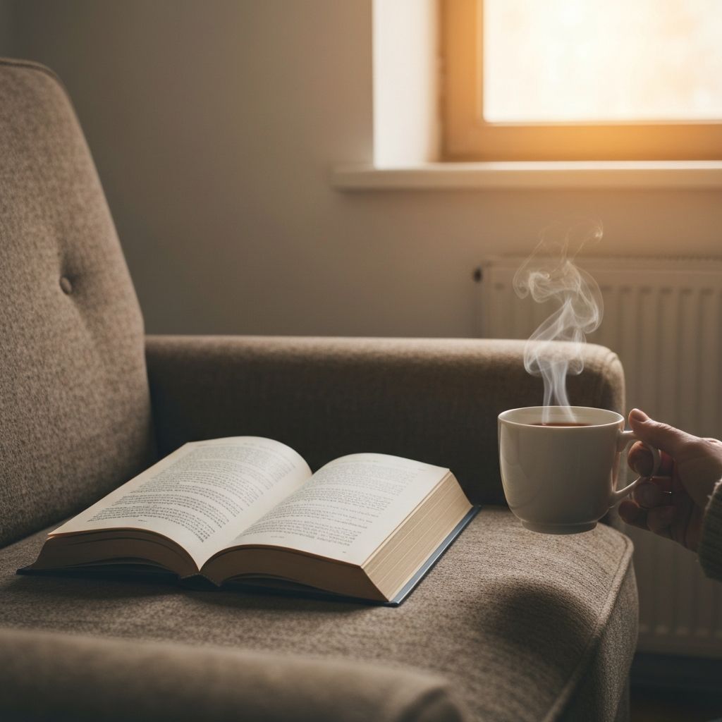 Gemütliche Lesenszene mit Tee und Buch